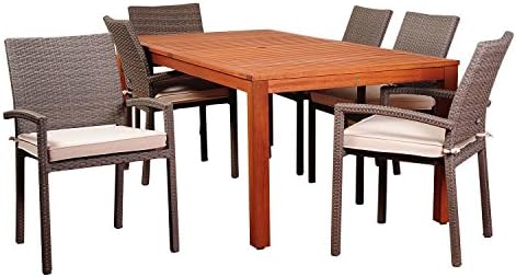 Amazonia Salome 7 Piece Outdoor Patio Dining Set with Cushions & Umbrella - UV Radiation Weather Resistant Resin Wicker Arm Chairs - High Quality FSC Certified Eucalyptus Wood Furniture Rectangular Table - Seats for 6 - FREE REPLACEMENT GUARANTEE!