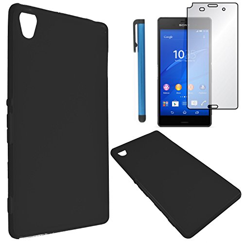 Sony Xperia Z3 Case Combo(3-items) - Soft Rubber TPU GEL Skin Candy Case (Solid Black)+ICE-CLEAR(TM) Screen Protector Shield(Ultra Clear)+Touch Screen Stylus