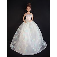 White Party Dress with Little Yellow and Blue Flowers Made to Fit the Barbie Doll