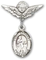 Sterling Silver Baby Badge with St. Zachary Charm and Angel with Wings Badge Pin