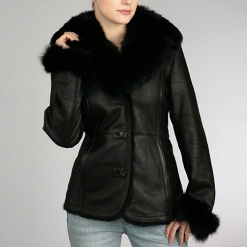 BGSD Women's Button Front Shearling Coat with Fox Fur Trim