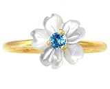 14K Yellow Gold White Mother of Pearl Exotic Blossom Stackable Ring-Multi Mother of Pearl-Swiss Blue Topaz, size7