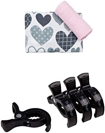 Little Rosa XL Premium Muslin Swaddles x 2 - Pink & Hearts with Pram Pegs Black x 4. Attach to Pram/Buggy Quickly Securely by Little Rosa