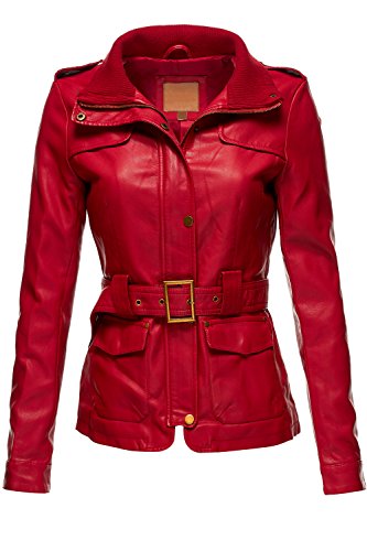 Belted Babydoll Faux Leather Trenchy Coat Jackets,065-Red,Large