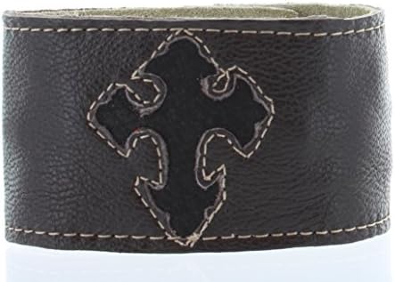 Charlie Biker Bracelet, Men or Womens Leather Bracelet with Secret Hidden Zipper Compartment, Approx 8-9" Adjustable, Dark Brown Leather with Black Cross Design.