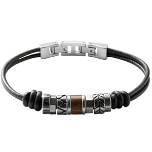 Fossil - JF84196040 - Bracelet - Homme - Double Lien Cuir Noir - Motifs Acier - Acier