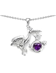 Original Star K (tm) New Baby Stork Mother Pendant with Genuine Heart Amethyst in 925 Sterling Silver