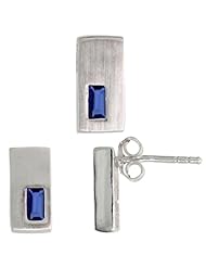 Sterling Silver Matte-finish Rectangular Earrings (11mm tall) & Pendant Slide (11mm tall) Set, w/ Emerald Cut Blue Sapphire-colored CZ Stones