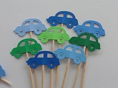Small Car Cupcake Toppers - Mixed Blue and Green Race Car Toppers - Party Picks - Food Picks (Set of 24)