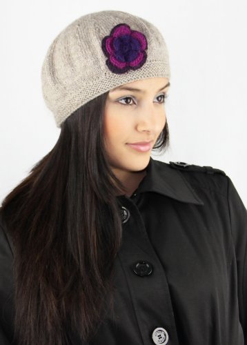 REDUCED PRICE ITEM - Handmade PURE ALPACA Natural Fiber Winter Hat - Caffe Latte with Crocheted Flower (100% Knitted By Hand)