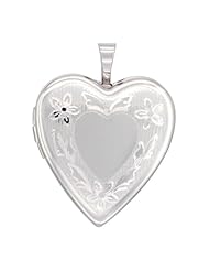 Sterling Silver Heart Locket Necklace Floral Engraving 3/4 inch