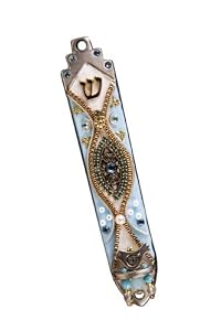 Amulet Gifts Handmade Evil Eye Protection Mezuzah Case in Wood & Pewter with Swarovski Crystals