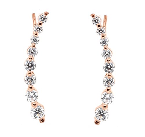 .925 Sterling Silver Rose Gold Plated Cz Ear Climber Earrings with Fish Hook