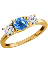 1.10 Ct Round Swiss Blue Topaz and White Diamond 18k Yellow Gold Ring