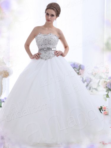 Landybridal 2013 New Style Ball Gown Strapless Court Train Tulle Ivory Wedding Dress B12144