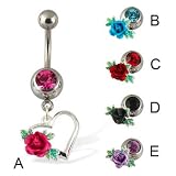 Rose on heart belly button ring, fuchsia - A