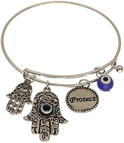 Hamsa Hand of Fatima Textured Charms Wire Bangle Bracelet