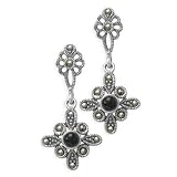 .925 Silver, Onyx & Marcasite Dangle Earrings