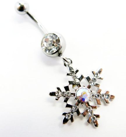 [Body Jewelry] 316L Surgical Steel Navel Jewelry - Snowflake (Silver Plated w/ Clear Stone)