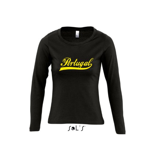 Portugal Oldschool LÄNDERSHIRT EM / WM FAN Trikot – Damen Langarm Longsleeve T-Shirt S-XL , Deep black – gelb , S
