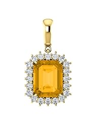 14K Yellow Gold 10.00x8.00mm Emerald Cut Citrine and Diamond Pendant -- LIFETIME WARRANTY