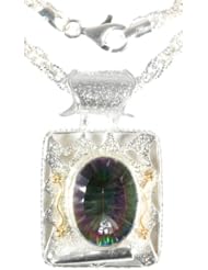 Sterling Silver and Mystic Fire Topaz Pendant with Gold Accents and Rope Chain Necklace, 17"