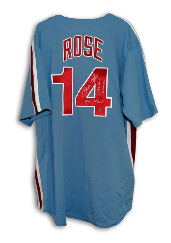 Pete Rose Autographed/Hand Signed Philadelphia Phillies Blue Majestic Jersey Inscribed ''80 WS Champ