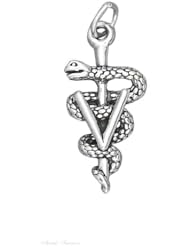 Sterling Silver 3D Caduceus Snake On Cross With Letter V For Veterinarian Symbol Charm