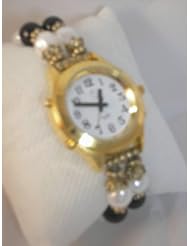 Ladies Talking Wrist Watch Gold Tone with Deluxe Pearl Beaded Band w/Alarm for Low Vision