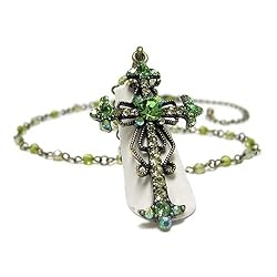 Burnished Gold Green Crystal Cross Pendant Necklace Fashion Jewelry