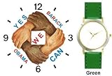 Black & White Hands and Forearms Interlocking - Yes We Can No.1 - President Barack Obama Commemorative - WATCHBUDDY&reg; DELUXE TWO-TONE THEME WATCH - Arabic Numbers - Green Leather Strap-Size-Women's Size-Small