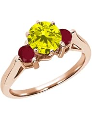 0.79 Ct Round Canary Diamond Red Ruby 18K Rose Gold 3-Stone Ring