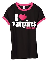 I heart Vampires Bite Me Ringer Black and Pink Juniors Tee
