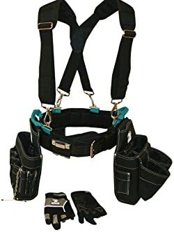Professional Electrician's Complete Package Plus+ (Tool Belt, Bucket Tote, Suspenders, and Gloves) Medium 30-34 Inch Waist