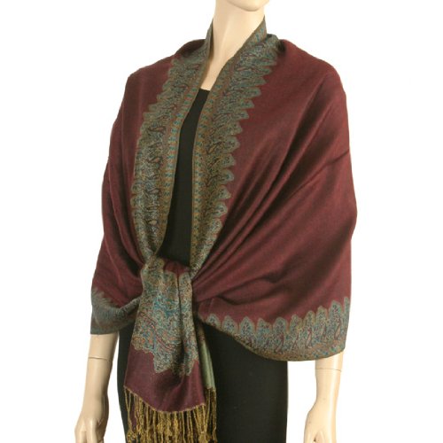Beautiful Border Patterned Pashmina Shawl - Double Layered Weaving (Choice of 12 Colors), Burgandy