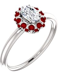 14K White Gold Oval Cut Diamond and Ruby Flower Inspired Ring -- LIFETIME WARRANTY