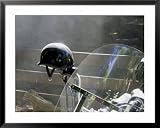 Helmet on Motorcycle Handlebar Framed Art Poster Print, 39x31