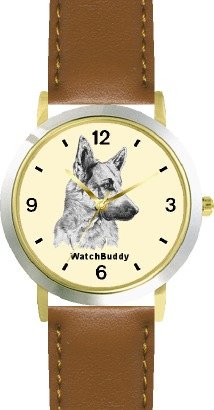 German Shepherd - Pup (SC) Dog - WATCHBUDDY® DESIGNER DELUXE TWO-TONE THEME WATCH - Arabic Numbers-SAND & SOIL STYLE - Pale Yellow Dial with Brown Leather Strap-Size-Large ( Men's Size or Jumbo Women's Size )
