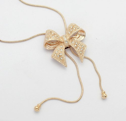 Buyinhouse Attractive Elegant Design Golden Plated Gemstones Rhinestones Diamond Noble Bow Bowknot Pendant Necklace All Bronze Chain Necklace Suitable for Sweater
