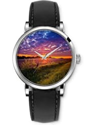 SPRAWL Aanalog Fashion Series Silver Ladies Watches of Genuine Black Leather Strap,Unique Wrist Watch for Women Girls Designed with Sunset in the field