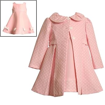 2-Piece Pink & White Jacquard Dot Easter Wedding Flower Girl Special Occasion Party Dress & Coat Set