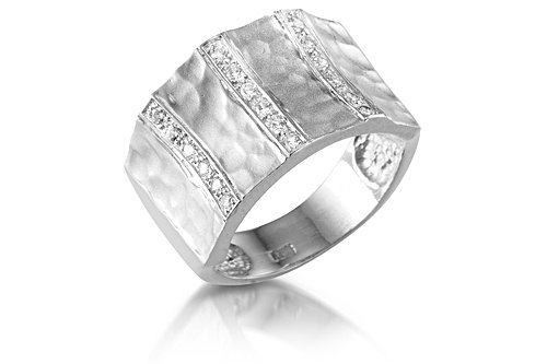 14K White Gold Matte-Finish Hammered-Finish Hand-Crafted Designer Ring, Enhanced with Pave Set Diamond Bars.