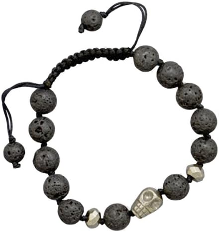 Red Gravy Adjustable Lava and Pyrite Bead Skull Men's Bracelet