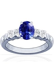 14K White Gold Oval Cut Blue Sapphire Ring With Sidestones