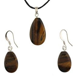 Tiger Eye Tear Drop Pendant and Earring Set - Pendant 13mm x 22mm, Earrings 11mm x 17mm - Adjustable Cord Necklace