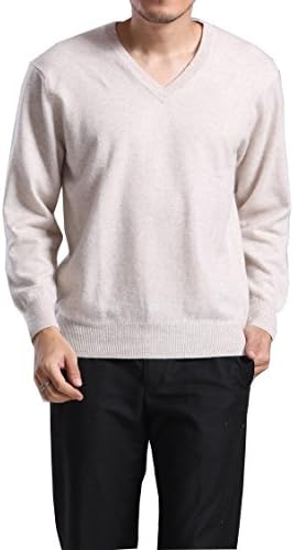 METERDE Men's Must-Have V Neck Cashmere Basic Pullover Sweater Off White M