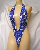 Deep V Plunge Sling-Shot Thong Back Purple Water Hibiscuss Print Made in USA