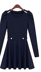 Long Sleeves Winter Above the Knee Round Neck Knit Pleated Mini Dress 