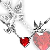 Swallow with Bezel Set Red Cubic Zirconia Heart Pendant Necklace - Made from Fine English Pewter
