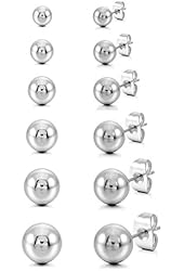 Silver 3~8mm 12PCS Stainless Steel Stud Earrings Bead Ball Charm Elegant Set ( 6 Pairs )